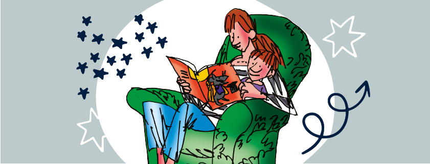 戴著插圖的女人和兒童在綠色扶手椅上的圖像，閱讀